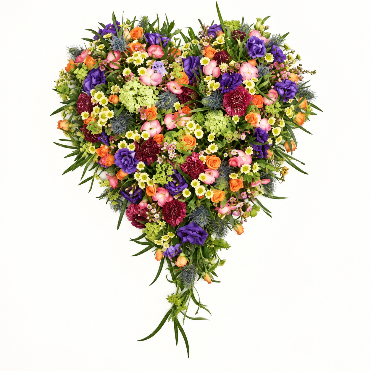 Farverig hjertekrans med sæsonens blomster